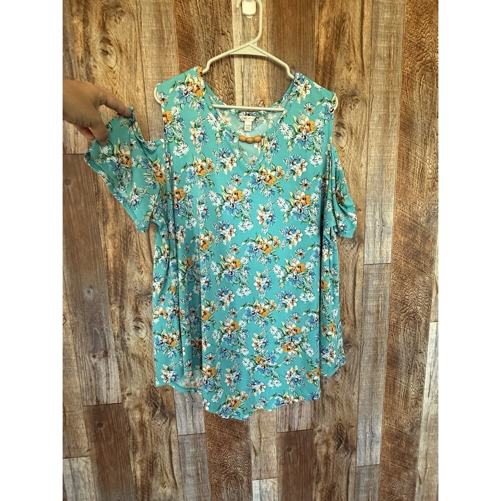 Cato Womens 22/24W Floral Cold Shoulder Top Teal Short Sleeve Plus Size Blouse